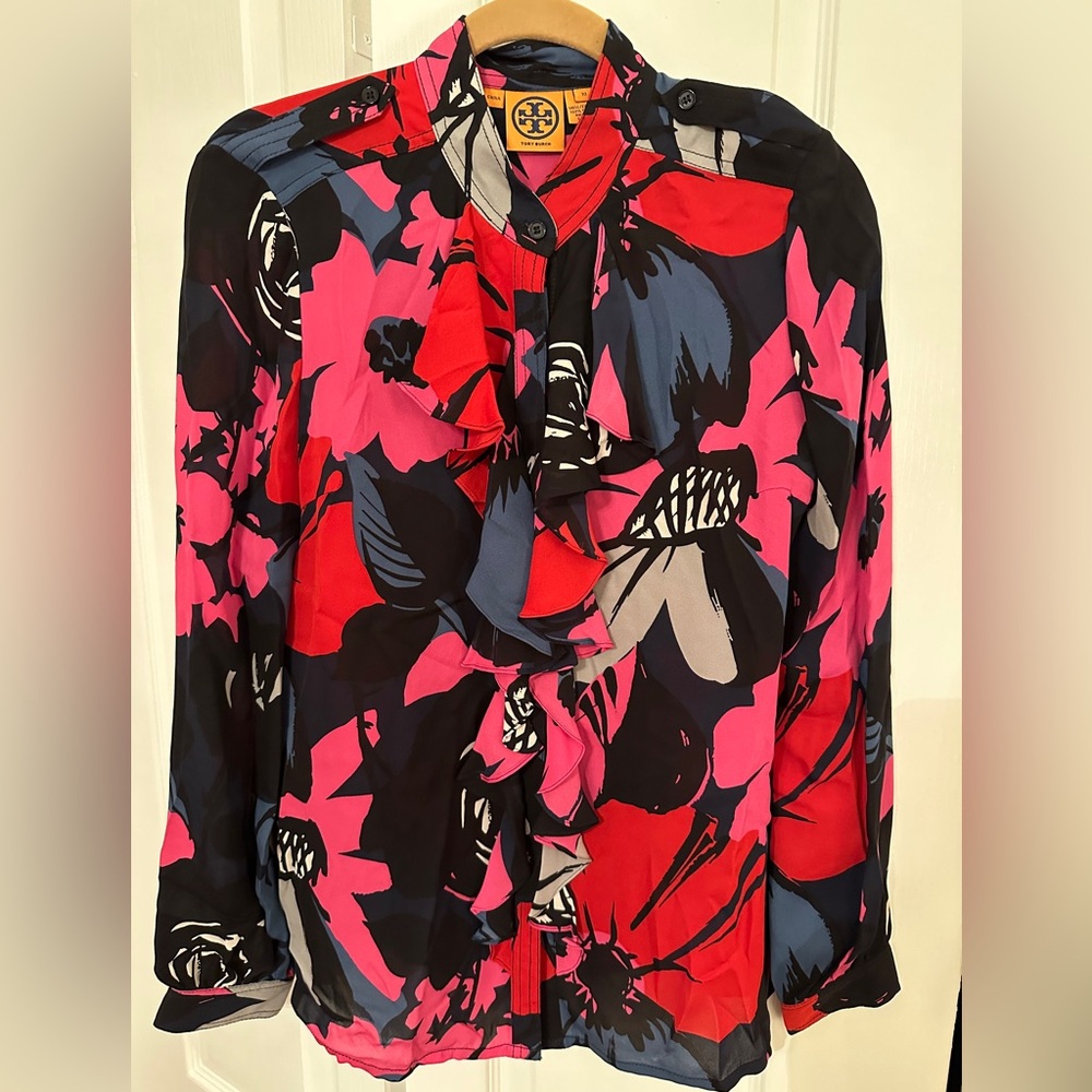 STUNNING Tory Burch 100% silk blouse. Ruffle front. Multicolor size 10. Pink
